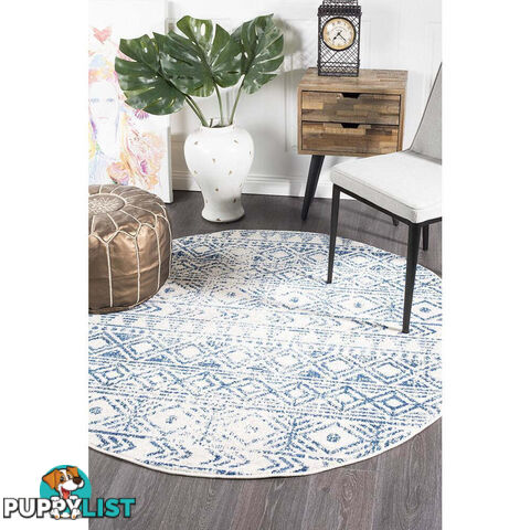 Oasis Ismail White Blue Rustic Round Rug 200X200cm  - OAS-456-BLUE-200X200