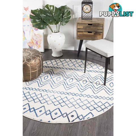 Oasis Nadia White Blue Rustic Tribal Round Rug 240X240cm  - OAS-453-WBLU-240X240