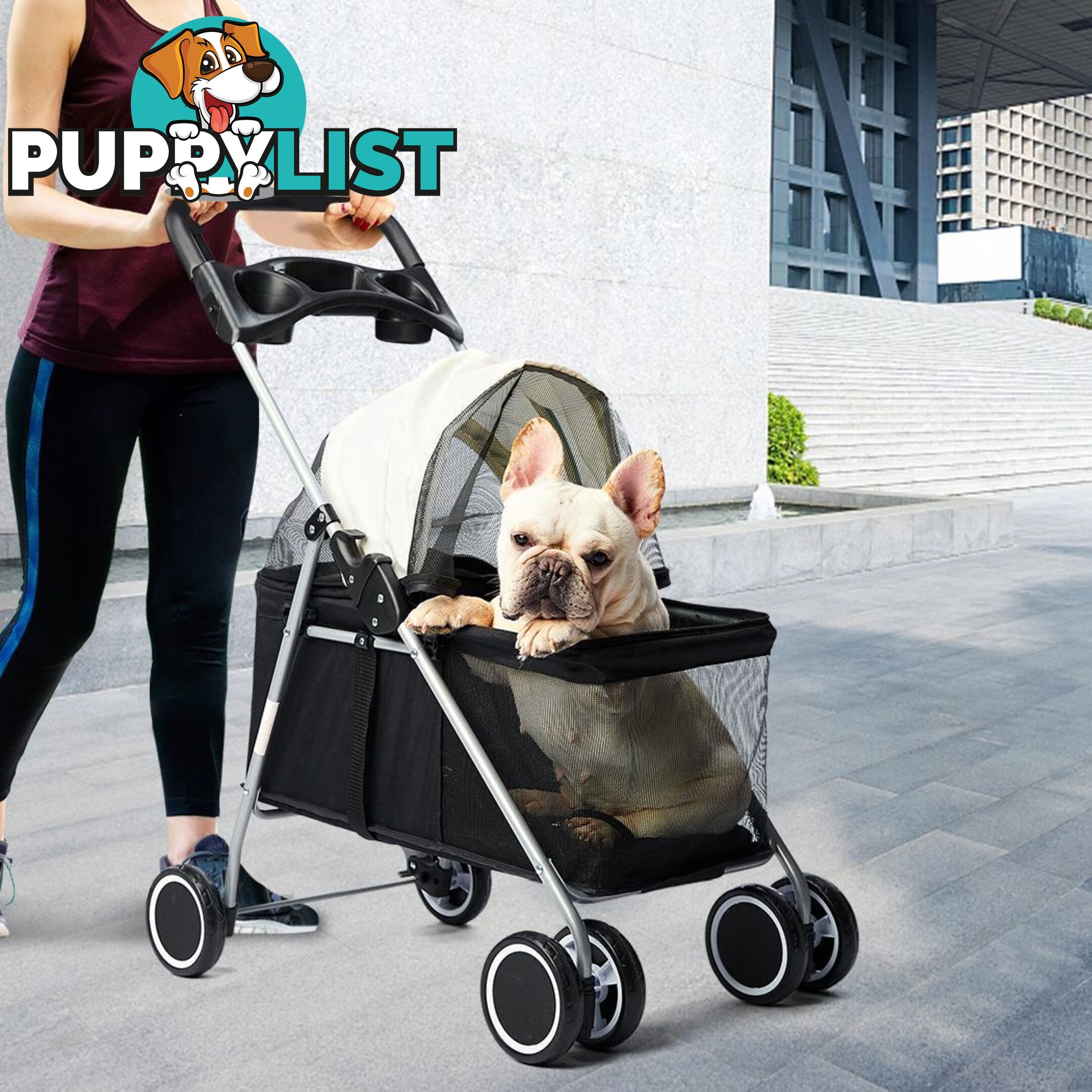 Pet Stroller Dog Cat Pram Foldable Carrier Large Travel 4 Wheels Pushchair Black - WB-ST1005-BK