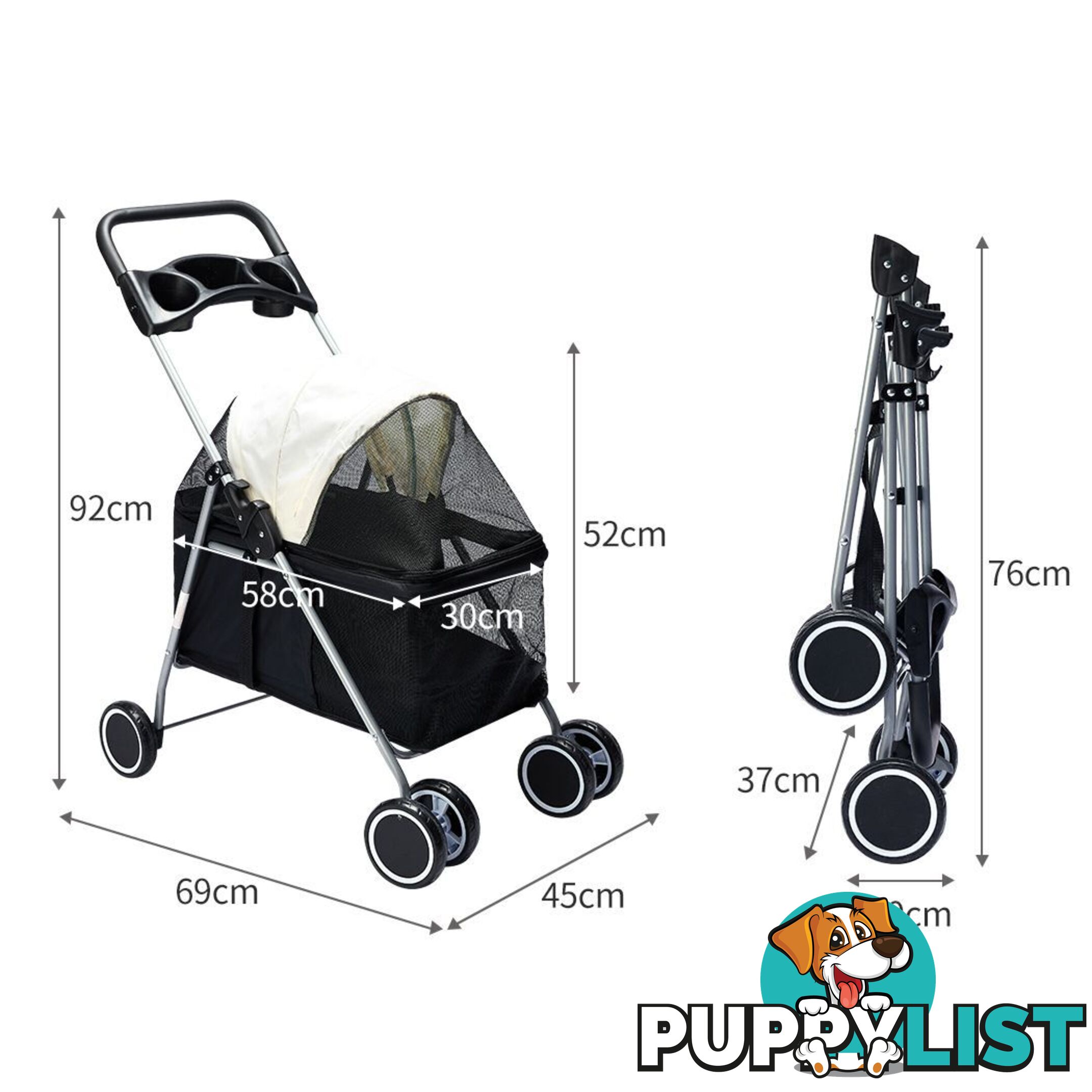 Pet Stroller Dog Cat Pram Foldable Carrier Large Travel 4 Wheels Pushchair Black - WB-ST1005-BK