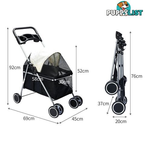 Pet Stroller Dog Cat Pram Foldable Carrier Large Travel 4 Wheels Pushchair Black - WB-ST1005-BK