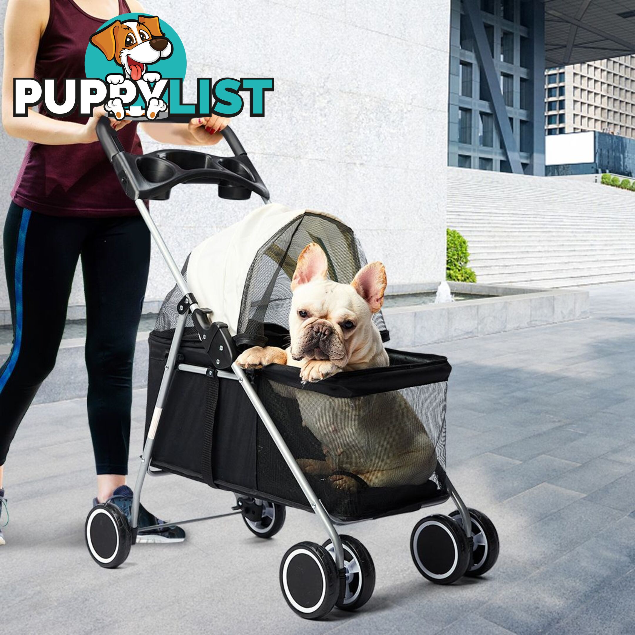 Pet Stroller Dog Cat Pram Foldable Carrier Large Travel 4 Wheels Pushchair Black - WB-ST1005-BK