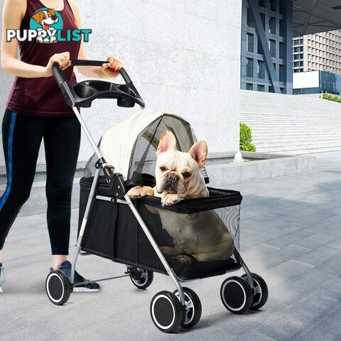Pet Stroller Dog Cat Pram Foldable Carrier Large Travel 4 Wheels Pushchair Black - WB-ST1005-BK