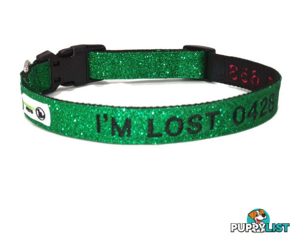 Doggie ID Collar - Bling Glitter Overlay Nylon Collar, Embroidered Personised Custom. - GC-DIC-BLING-XS-SLV