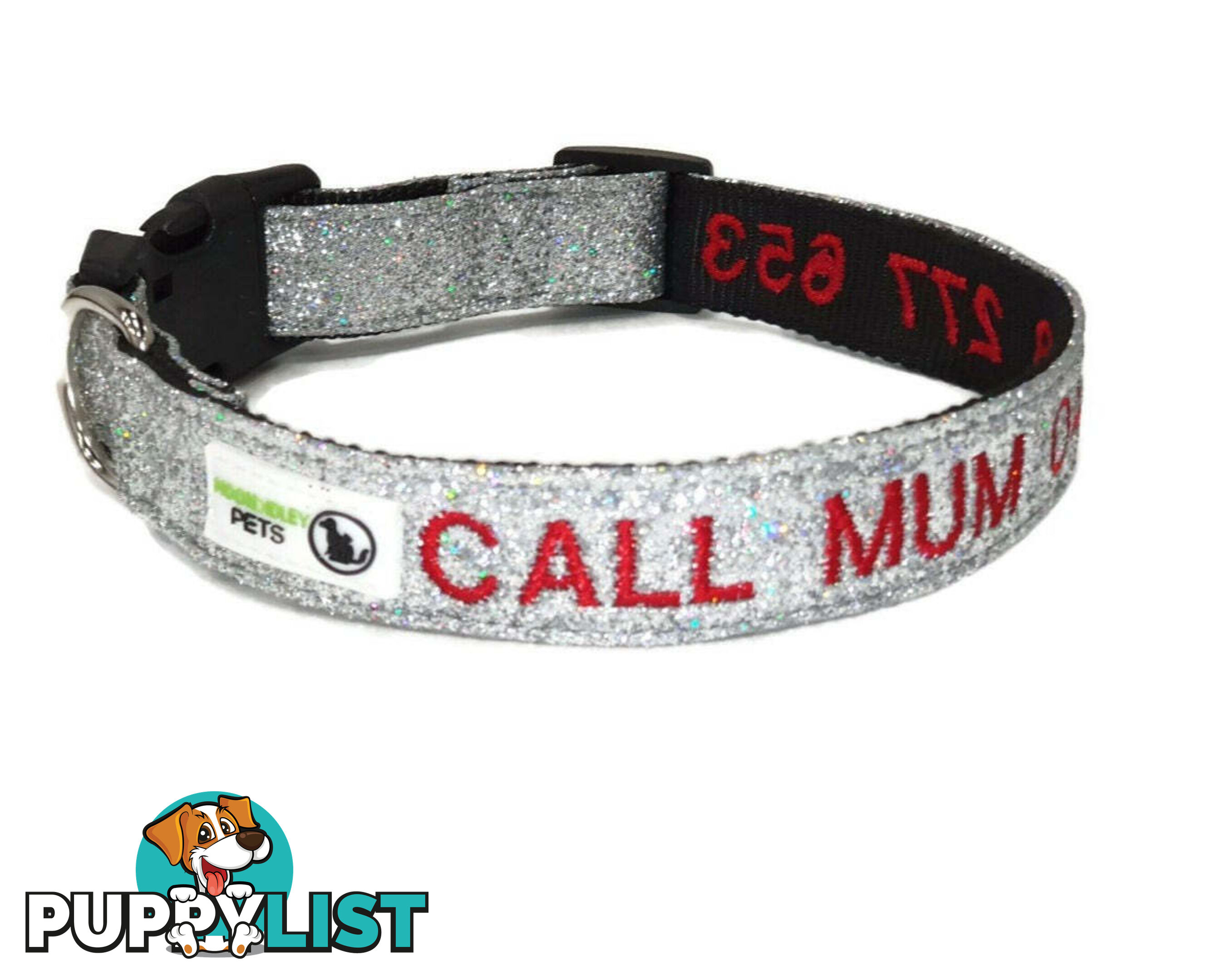 Doggie ID Collar - Bling Glitter Overlay Nylon Collar, Embroidered Personised Custom. - GC-DIC-BLING-XS-SLV