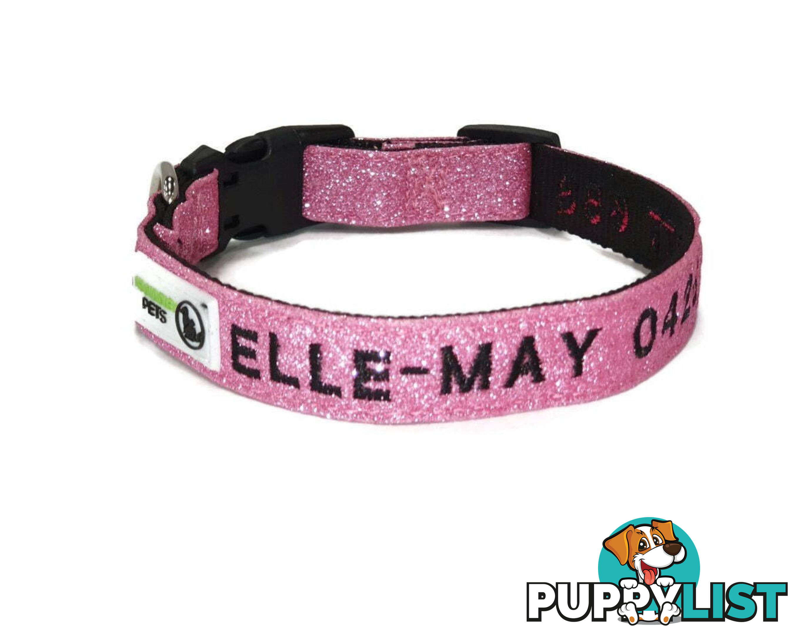 Doggie ID Collar - Bling Glitter Overlay Nylon Collar, Embroidered Personised Custom. - GC-DIC-BLING-XS-SLV
