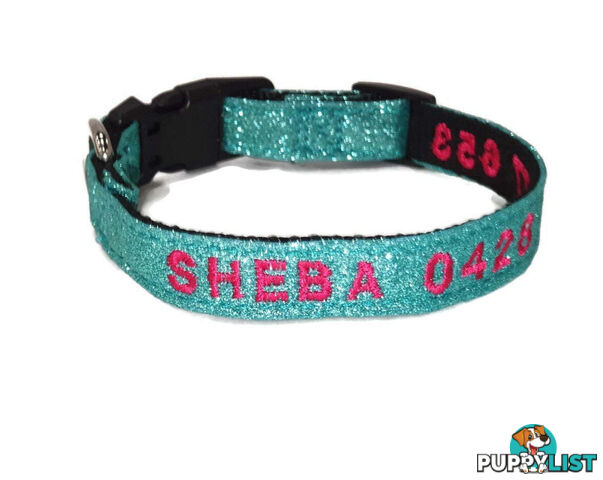 Doggie ID Collar - Bling Glitter Overlay Nylon Collar, Embroidered Personised Custom. - GC-DIC-BLING-XS-SLV