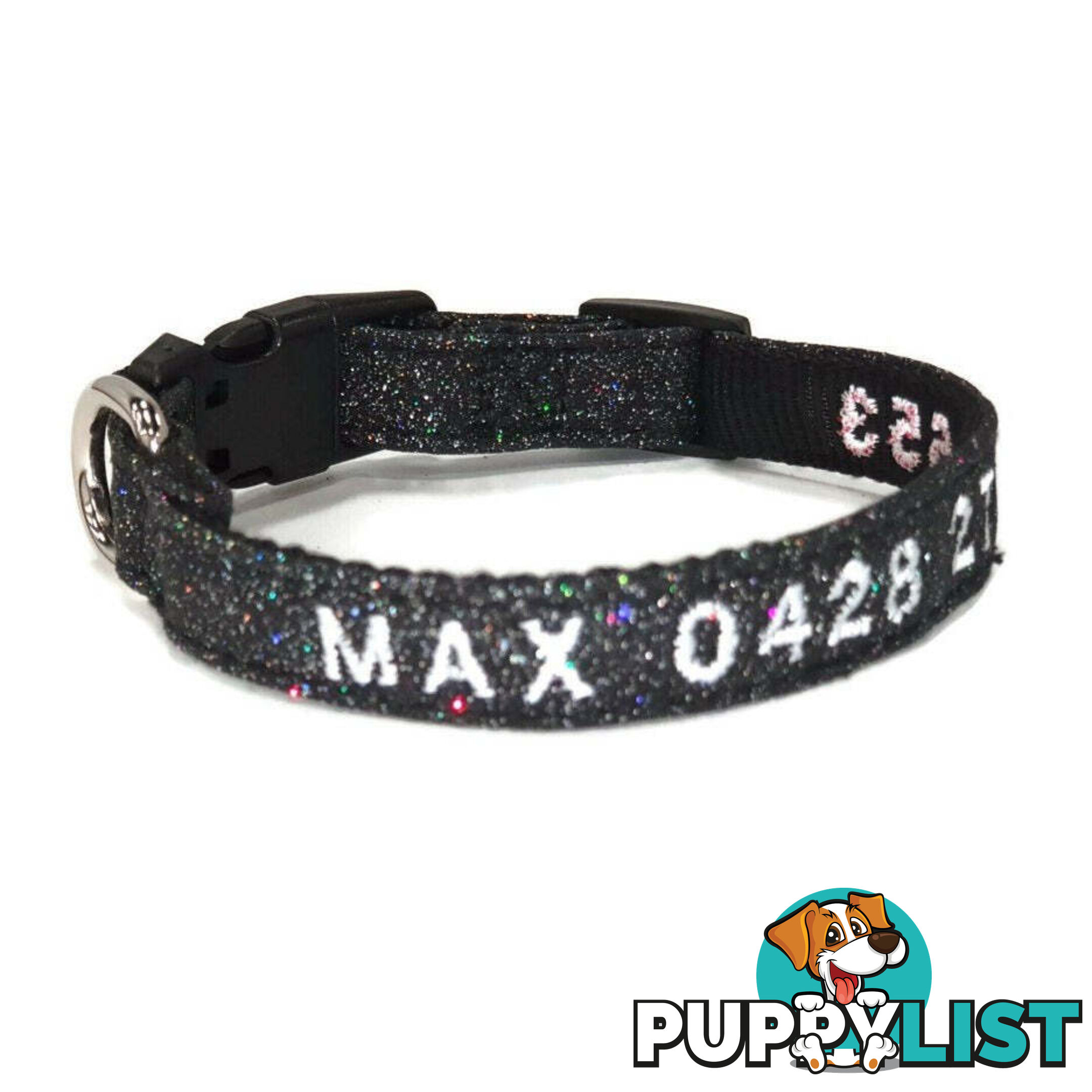 Doggie ID Collar - Bling Glitter Overlay Nylon Collar, Embroidered Personised Custom. - GC-DIC-BLING-XS-SLV