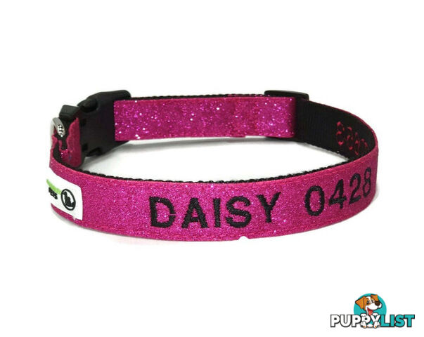 Doggie ID Collar - Bling Glitter Overlay Nylon Collar, Embroidered Personised Custom. - GC-DIC-BLING-XS-SLV