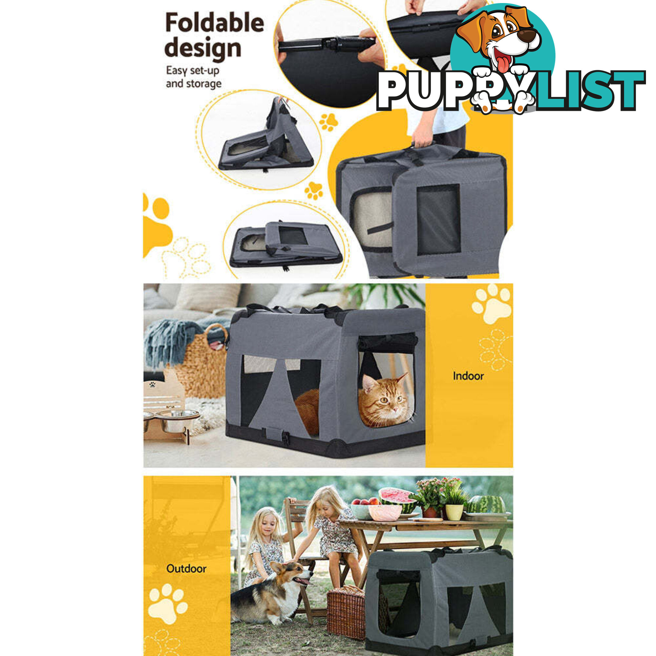 i.Pet Pet Carrier Soft Crate Dog Cat Travel 60x42CM Portable Foldable Car M - PET-CARRIER-M-GR