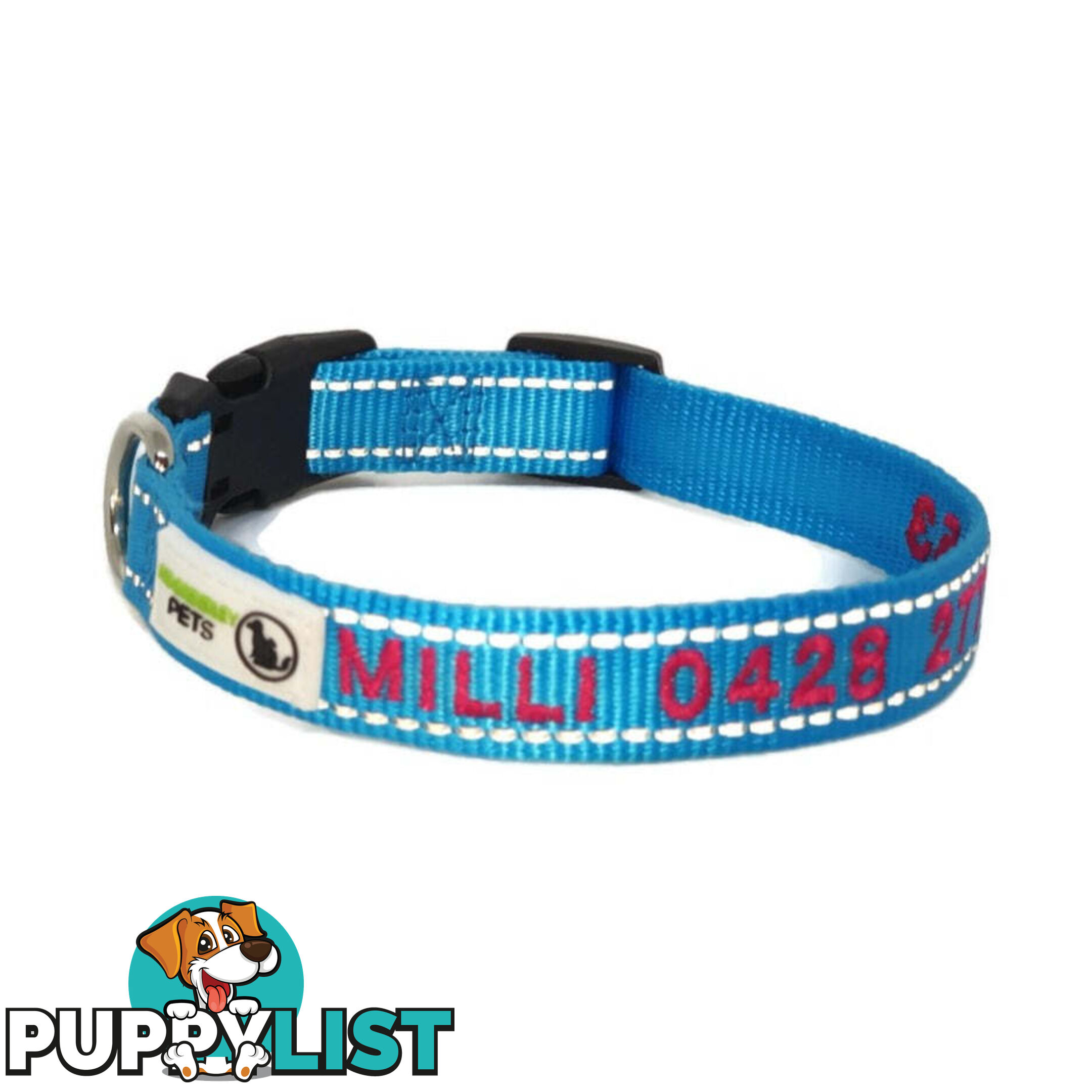 Doggie ID Collar Nylon w/Reflective Stitching Embroidered Personalised Custom. - GC-DIC-031-S-GRN
