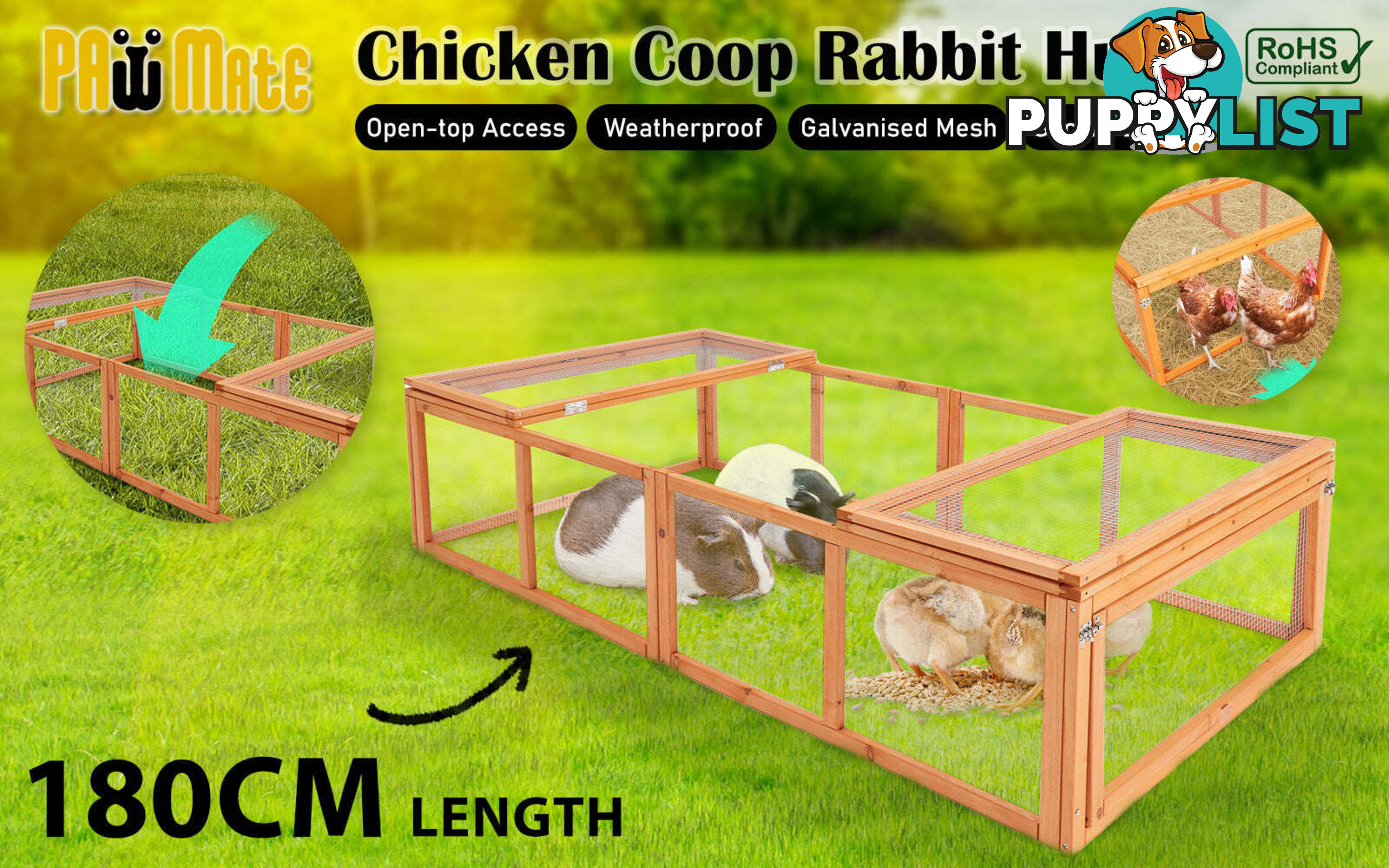 Paw Mate Chicken Coop Rabbit Hutch Extension Run 180 x 90 x 48cm Runey - V274-PET-RR4R