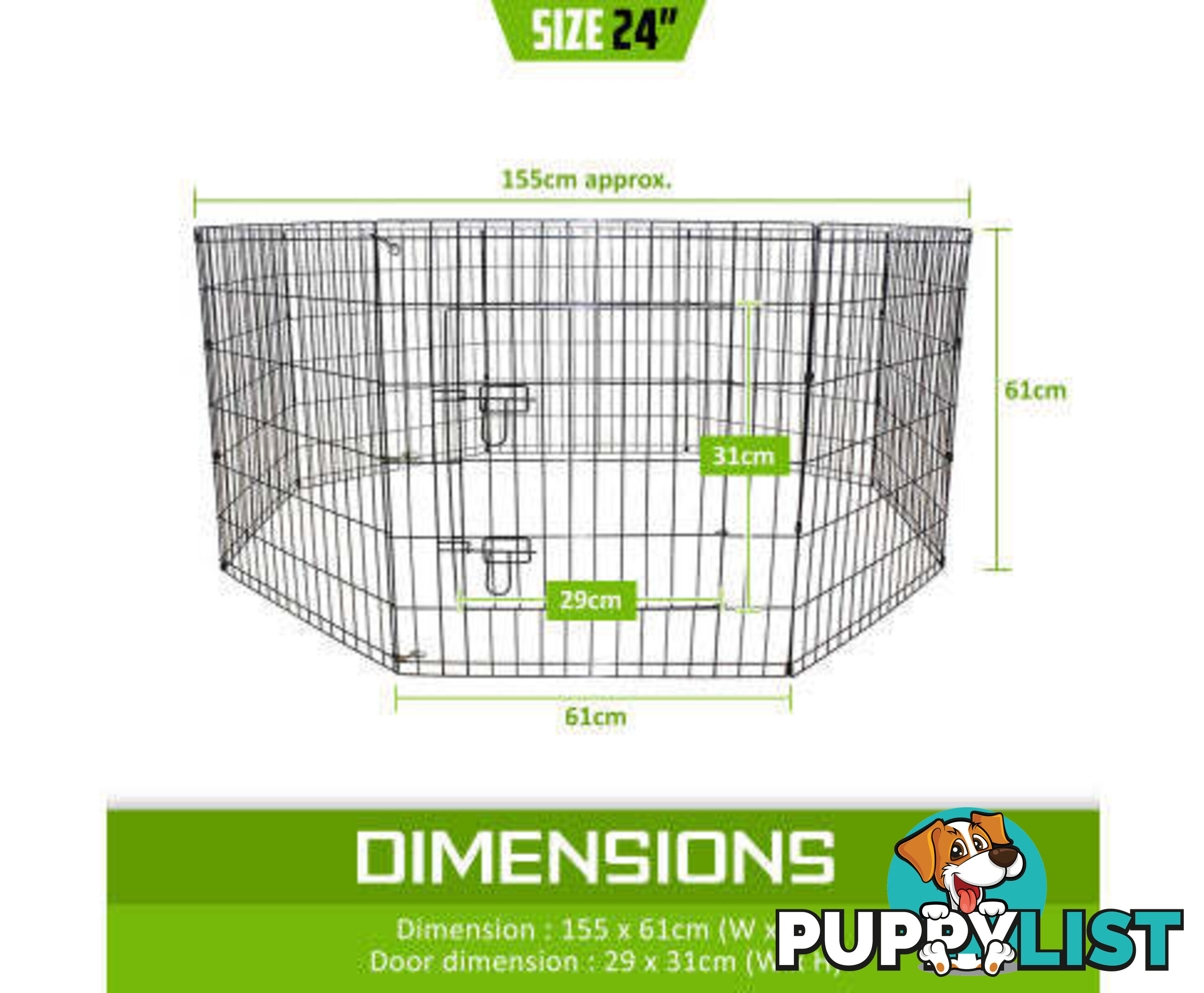 Paw Mate Pet Playpen 8 Panel Foldable Dog Cage + Cover - V274-PET-PP24-PPCV24-GN