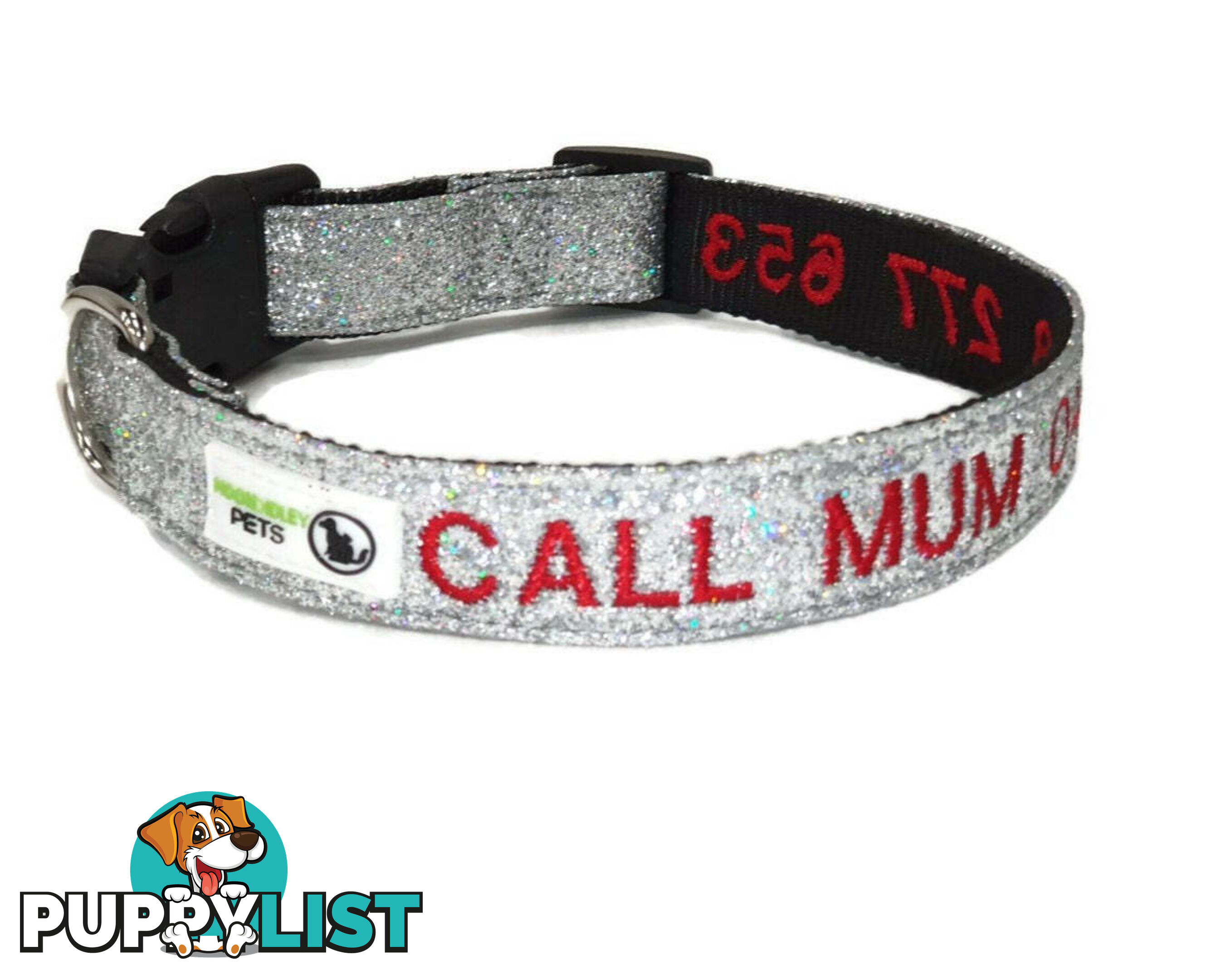Doggie ID Collar - Bling Glitter Overlay Nylon Collar, Embroidered Personised Custom. - GC-DIC-BLING-S-RED