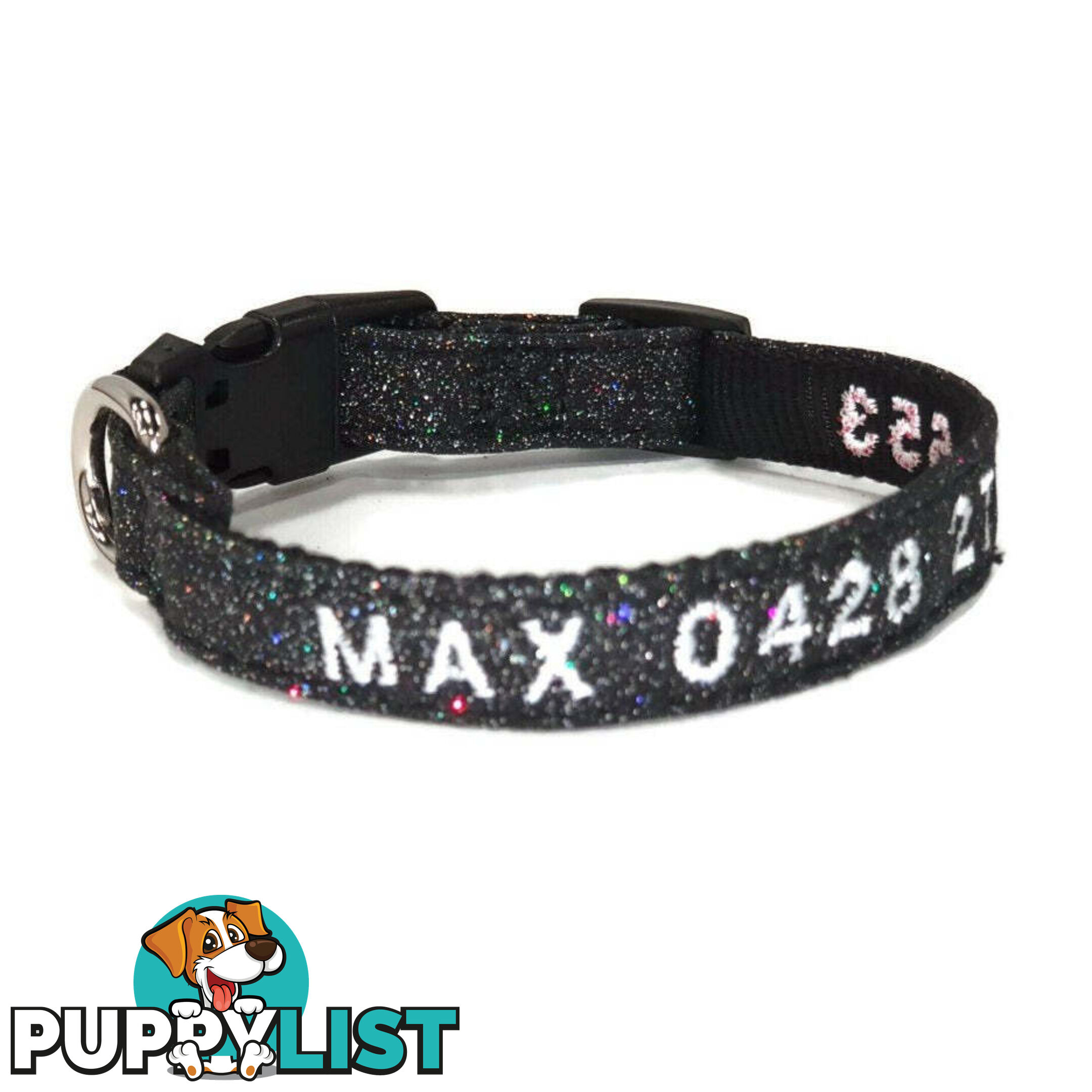Doggie ID Collar - Bling Glitter Overlay Nylon Collar, Embroidered Personised Custom. - GC-DIC-BLING-S-RED