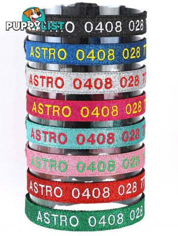 Doggie ID Collar - Bling Glitter Overlay Nylon Collar, Embroidered Personised Custom. - GC-DIC-BLING-S-RED