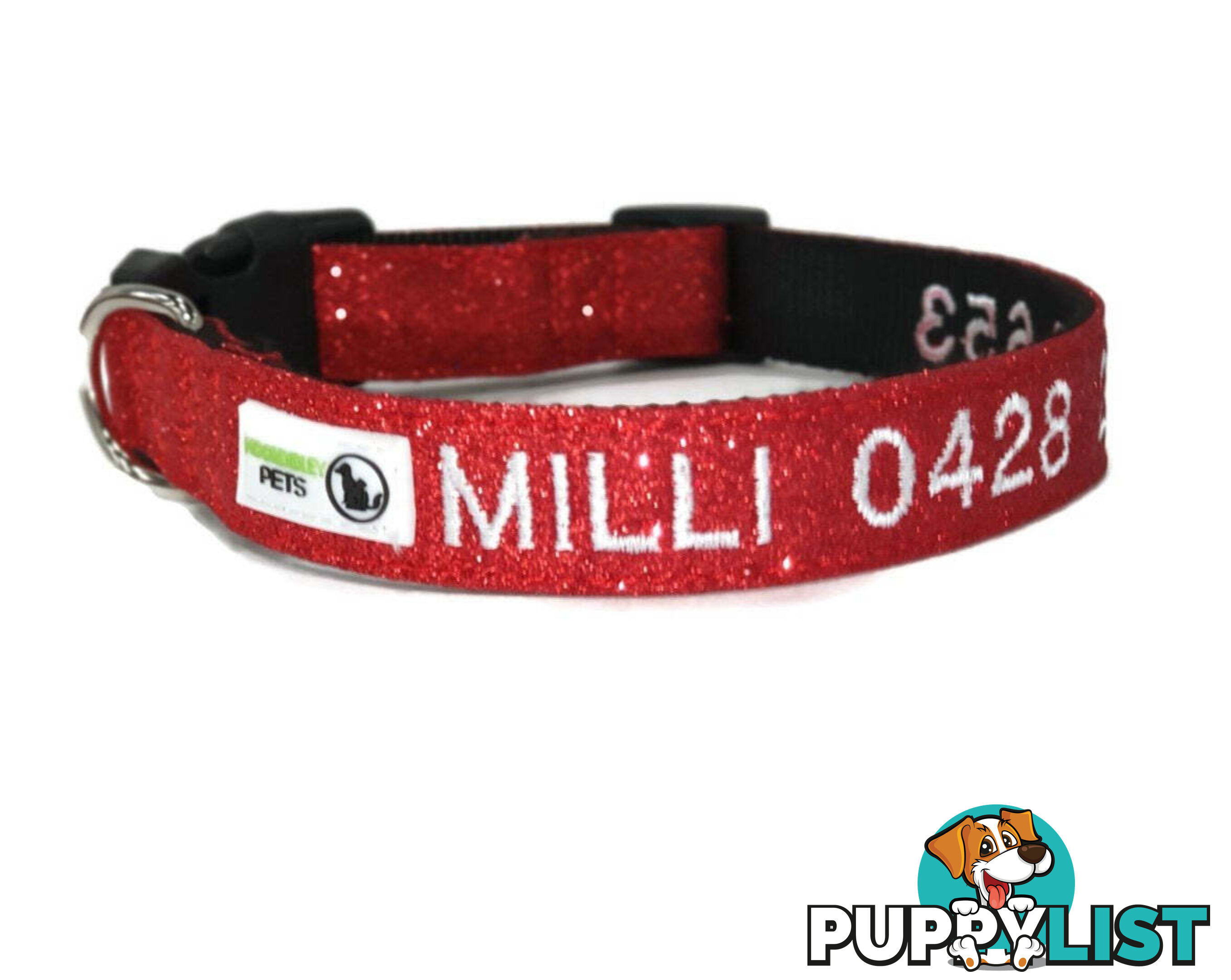 Doggie ID Collar - Bling Glitter Overlay Nylon Collar, Embroidered Personised Custom. - GC-DIC-BLING-S-RED