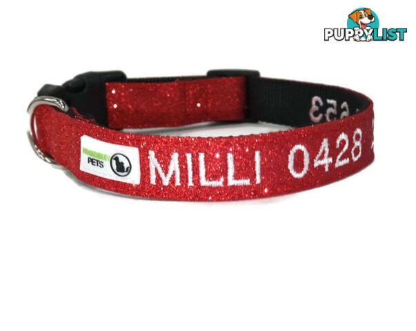 Doggie ID Collar - Bling Glitter Overlay Nylon Collar, Embroidered Personised Custom. - GC-DIC-BLING-S-RED