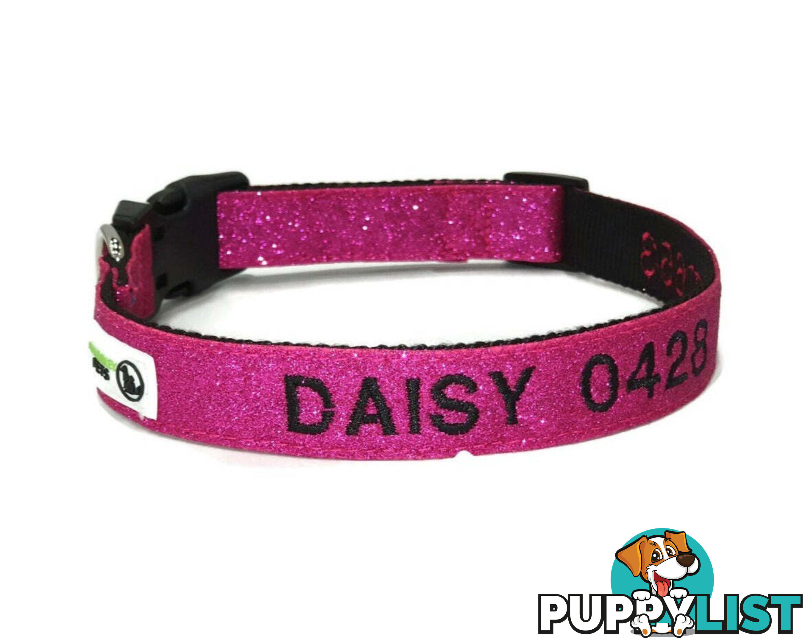 Doggie ID Collar - Bling Glitter Overlay Nylon Collar, Embroidered Personised Custom. - GC-DIC-BLING-S-RED