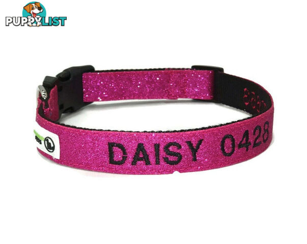 Doggie ID Collar - Bling Glitter Overlay Nylon Collar, Embroidered Personised Custom. - GC-DIC-BLING-S-RED