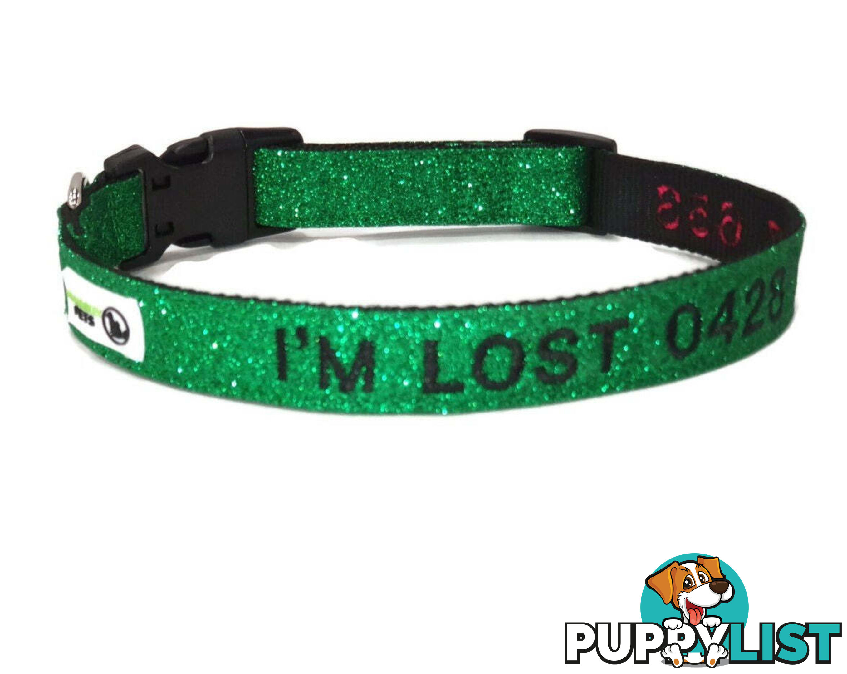 Doggie ID Collar - Bling Glitter Overlay Nylon Collar, Embroidered Personised Custom. - GC-DIC-BLING-S-RED