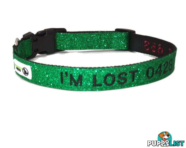Doggie ID Collar - Bling Glitter Overlay Nylon Collar, Embroidered Personised Custom. - GC-DIC-BLING-S-RED