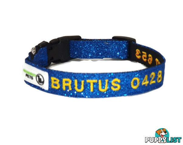 Doggie ID Collar - Bling Glitter Overlay Nylon Collar, Embroidered Personised Custom. - GC-DIC-BLING-S-RED
