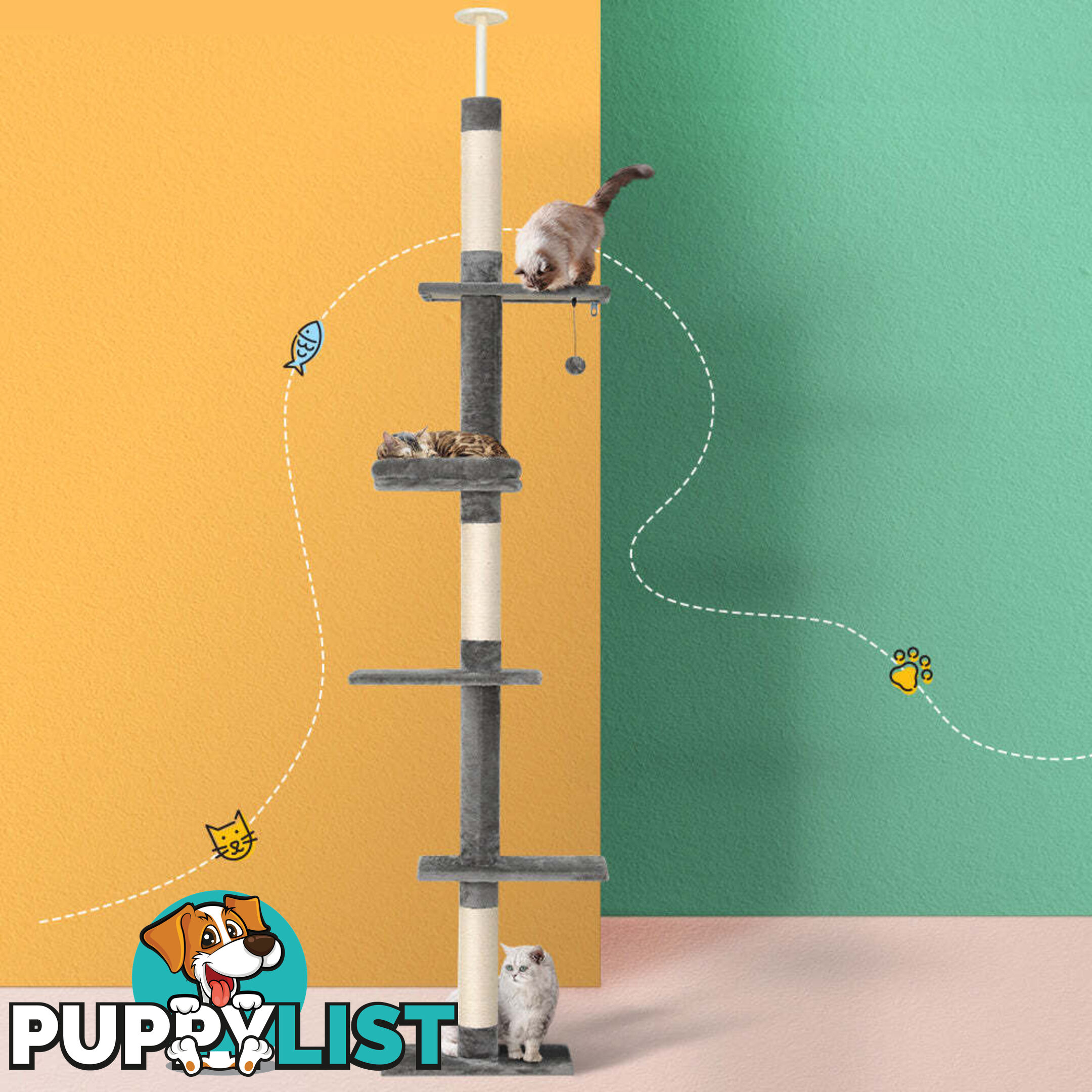 i.Pet Cat Tree 290cm Tower Scratching Post Scratcher Floor to Ceiling Cats Bed - PET-CAT-POLE-GRWH