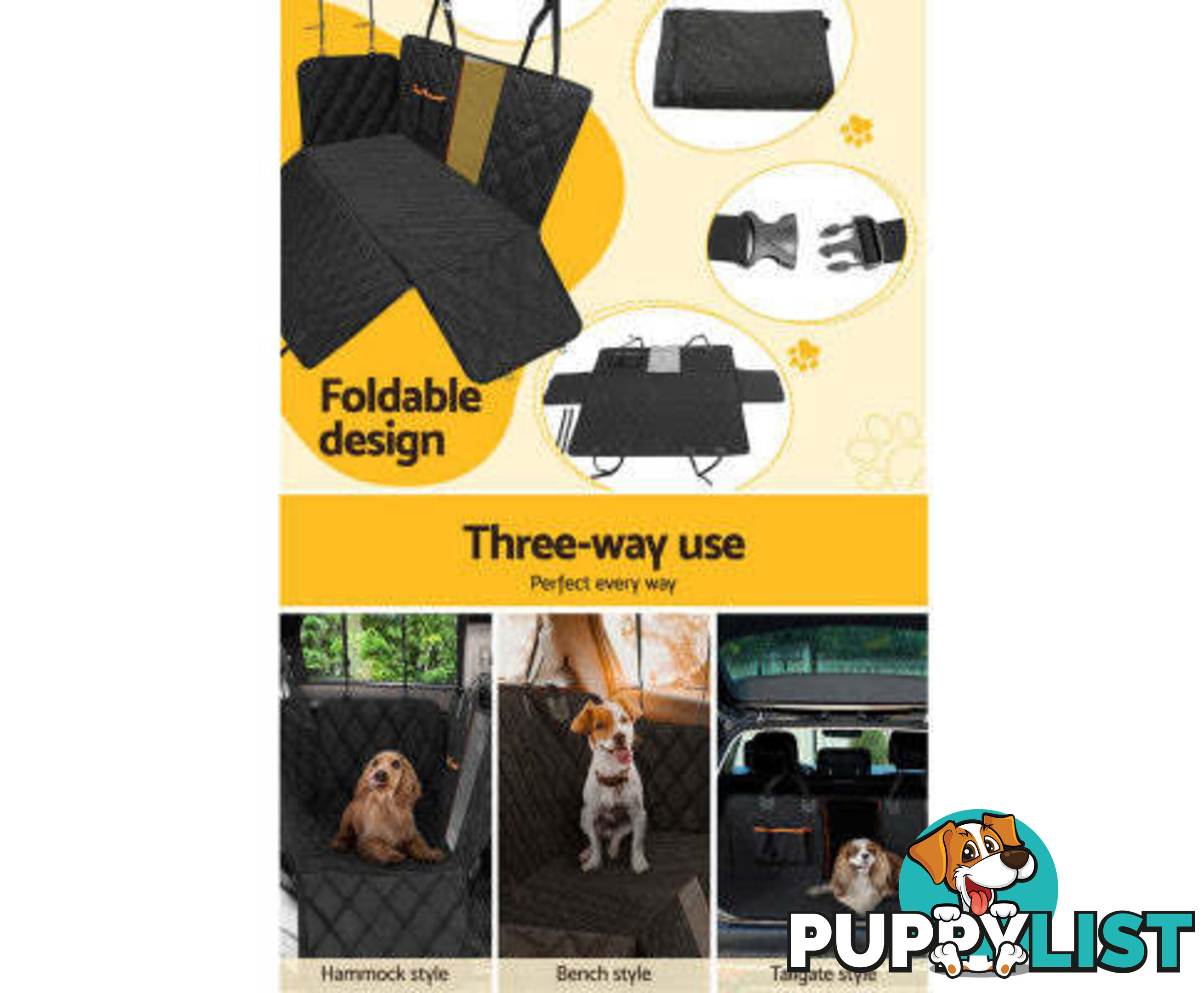 i.Pet Pet Car Seat Cover Dog Protector Hammock Back Waterproof Belt Non Slip Mat - PET-COVER-132X140-BK