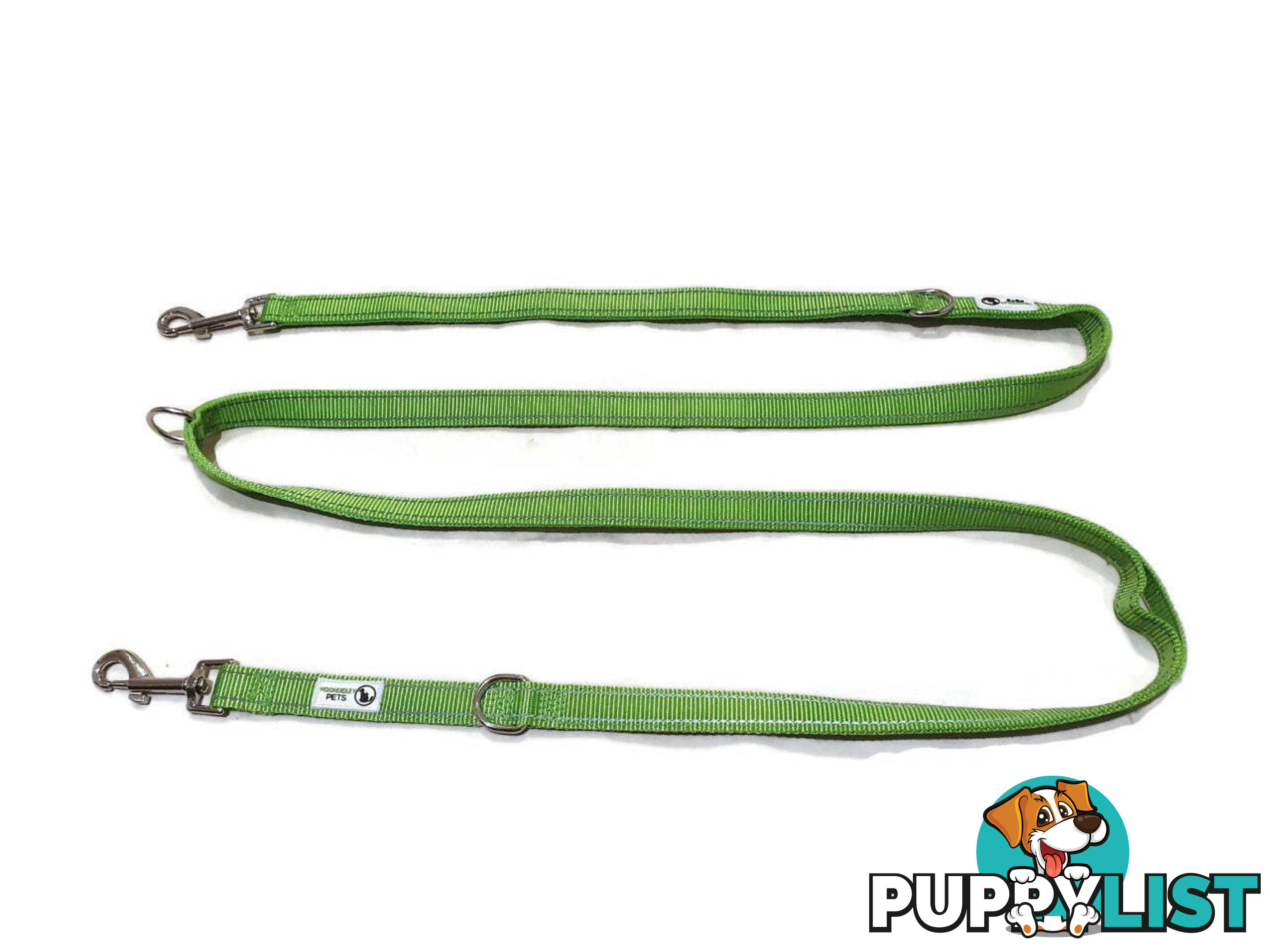Multi Dog Lead - Nylon w/Reflective Stitching - Double Clip ,Coupler, Waist Belt, Short/Long, Quicktie Moondidley Pets - MDPLDMUL25GRN