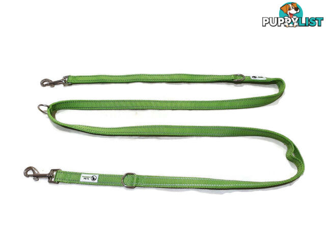 Multi Dog Lead - Nylon w/Reflective Stitching - Double Clip ,Coupler, Waist Belt, Short/Long, Quicktie Moondidley Pets - MDPLDMUL25GRN