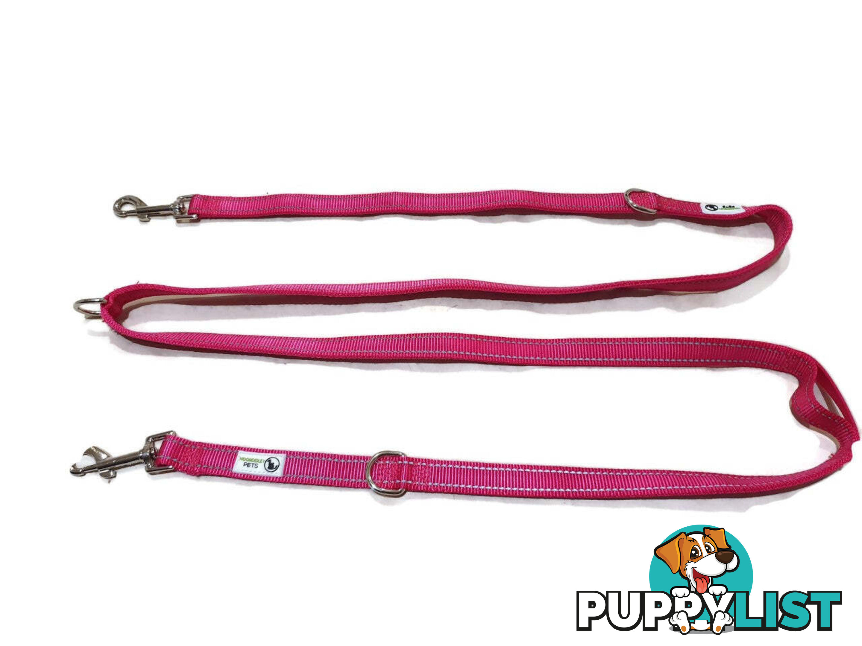 Multi Dog Lead - Nylon w/Reflective Stitching - Double Clip ,Coupler, Waist Belt, Short/Long, Quicktie Moondidley Pets - MDPLDMUL25GRN