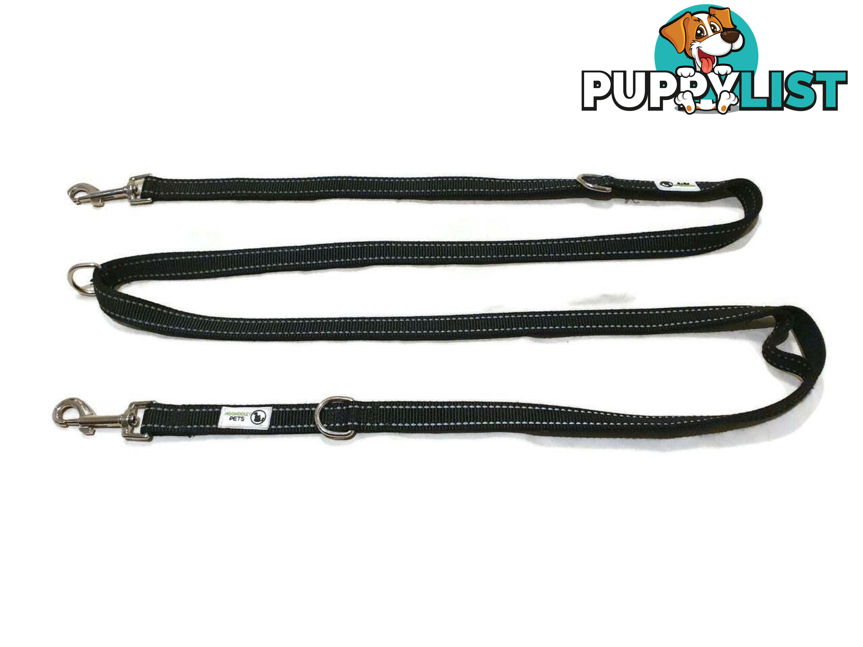 Multi Dog Lead - Nylon w/Reflective Stitching - Double Clip ,Coupler, Waist Belt, Short/Long, Quicktie Moondidley Pets - MDPLDMUL25GRN