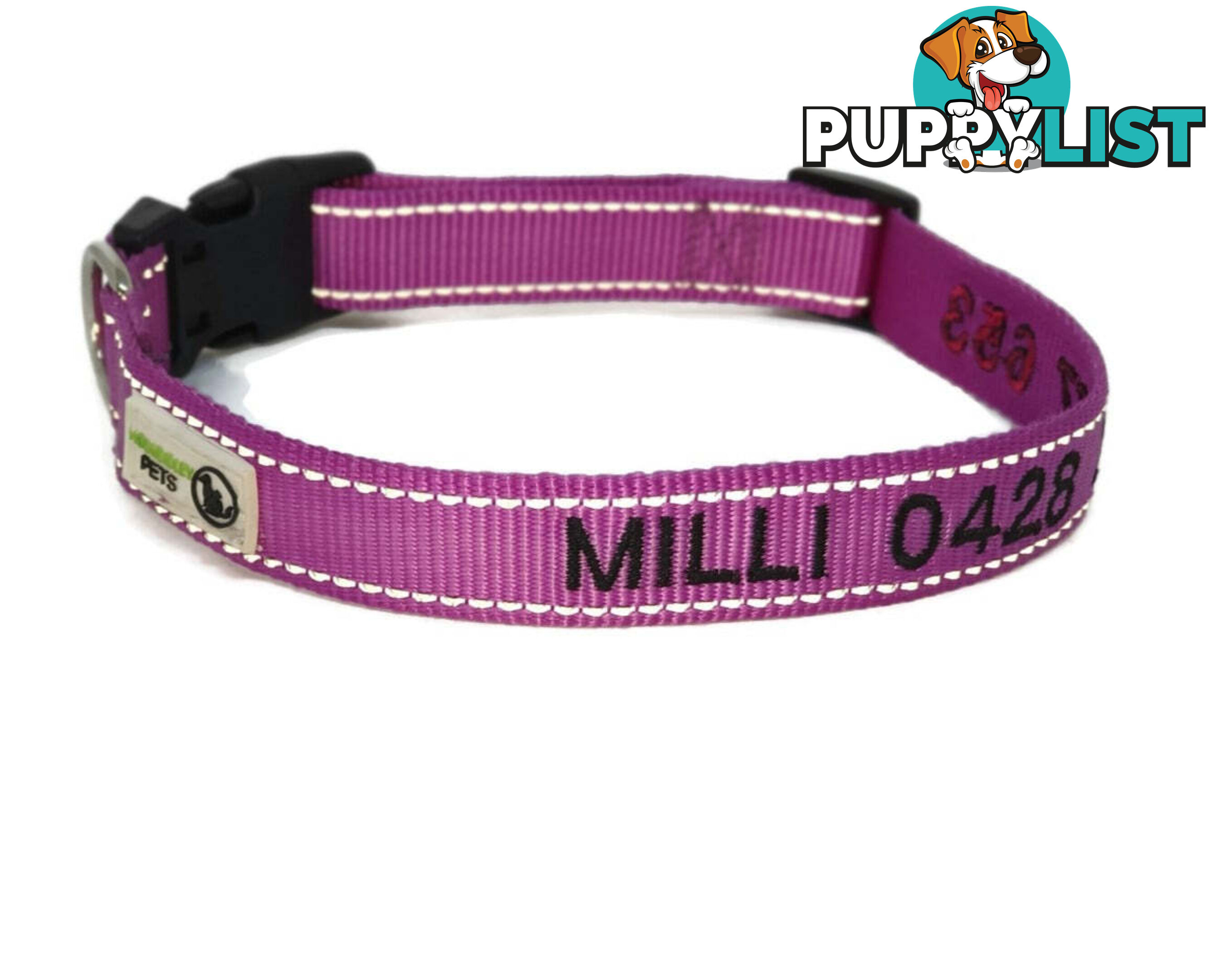Doggie ID Collar Nylon w/Reflective Stitching Embroidered Personalised Custom. - GC-DIC-031-S-PUR