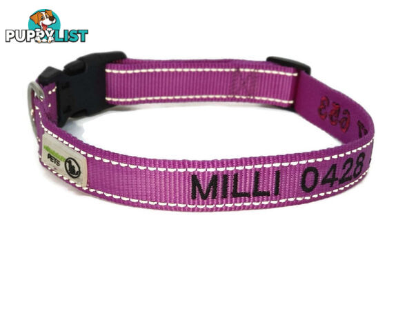Doggie ID Collar Nylon w/Reflective Stitching Embroidered Personalised Custom. - GC-DIC-031-S-PUR