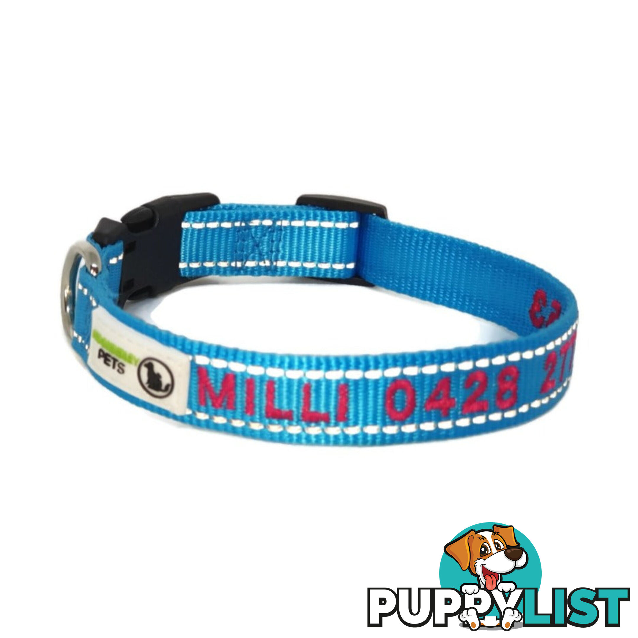Doggie ID Collar Nylon w/Reflective Stitching Embroidered Personalised Custom. - GC-DIC-031-S-PUR