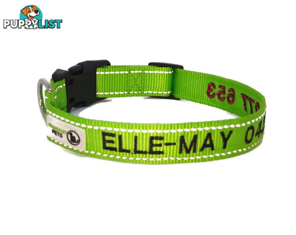 Doggie ID Collar Nylon w/Reflective Stitching Embroidered Personalised Custom. - GC-DIC-031-S-PUR