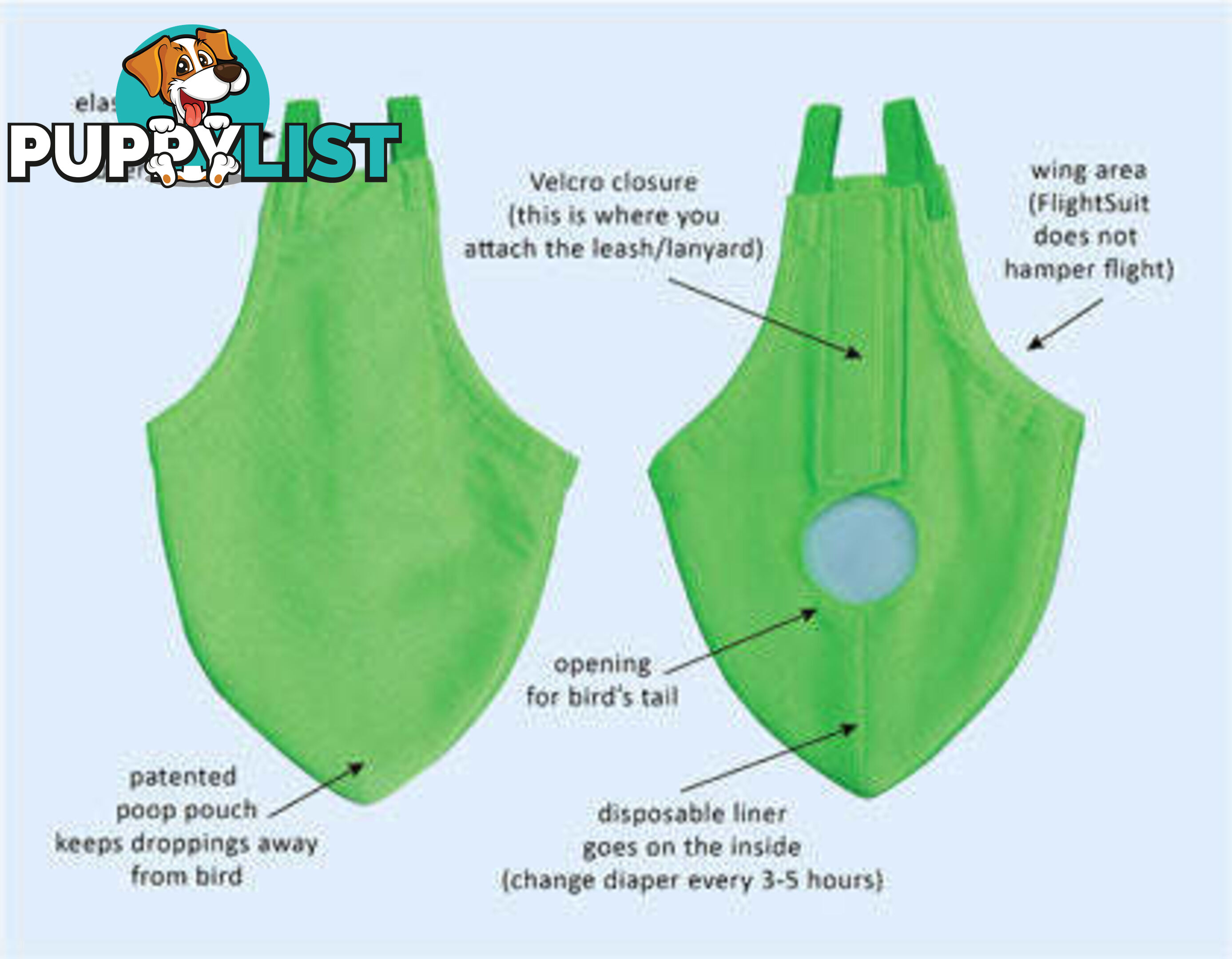 Bird Featherwear Flightsuit Harness & Diaper by Avian Fashions - AF-FS04-GREEN
