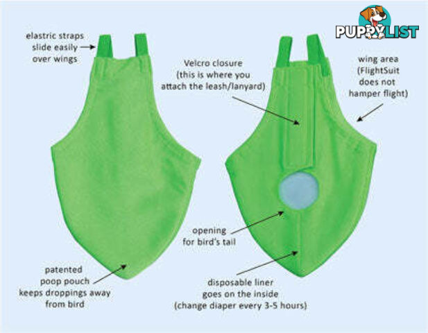Bird Featherwear Flightsuit Harness & Diaper by Avian Fashions - AF-FS04-GREEN