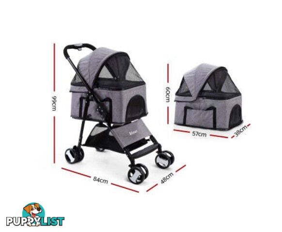 i.Pet Pet Stroller Dog Carrier Foldable Pram 3 IN 1 Middle Size - PET-STROLLER-4WL-M-GR