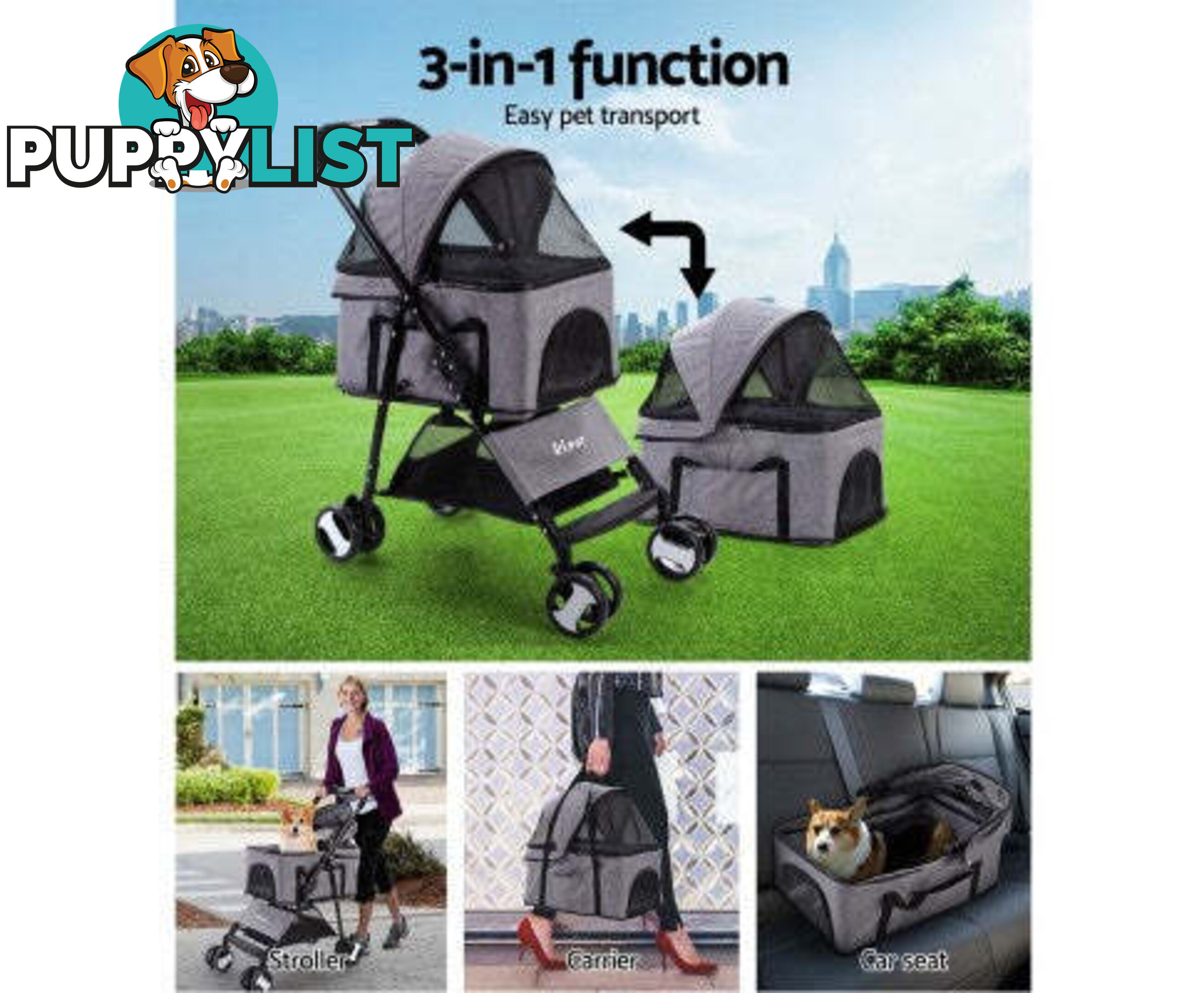 i.Pet Pet Stroller Dog Carrier Foldable Pram 3 IN 1 Middle Size - PET-STROLLER-4WL-M-GR