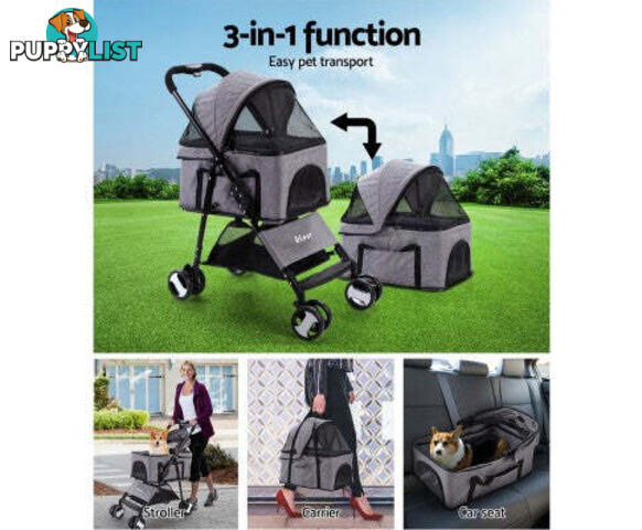 i.Pet Pet Stroller Dog Carrier Foldable Pram 3 IN 1 Middle Size - PET-STROLLER-4WL-M-GR