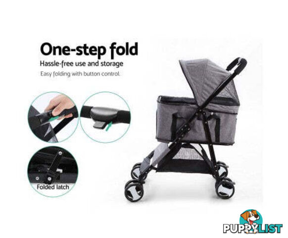 i.Pet Pet Stroller Dog Carrier Foldable Pram 3 IN 1 Middle Size - PET-STROLLER-4WL-M-GR