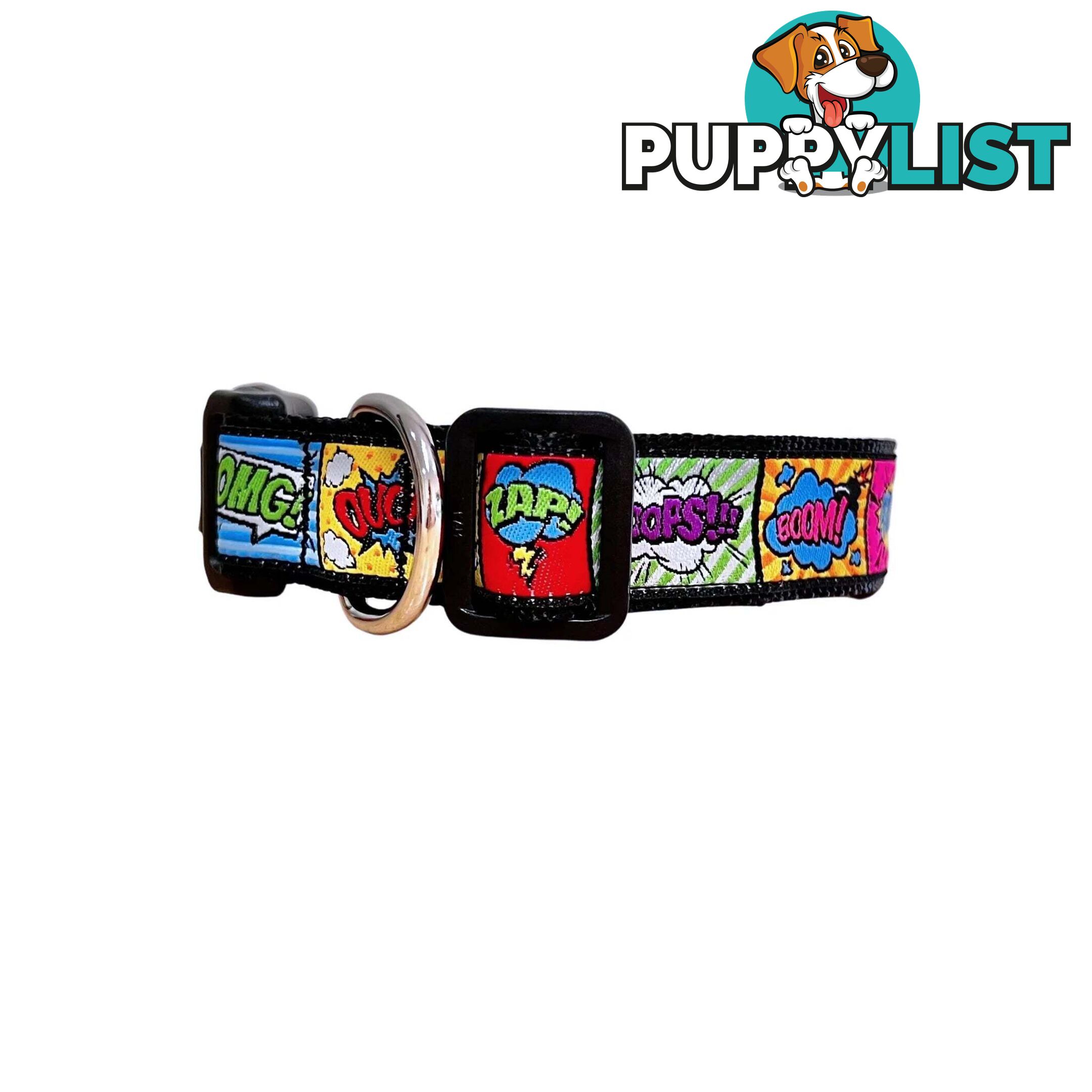 Comic Mania Dog Collar / XS - L - Hand Made by The Bark Side - TBSCOMLGEBLU