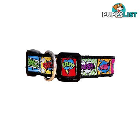 Comic Mania Dog Collar / XS - L - Hand Made by The Bark Side - TBSCOMLGEBLU
