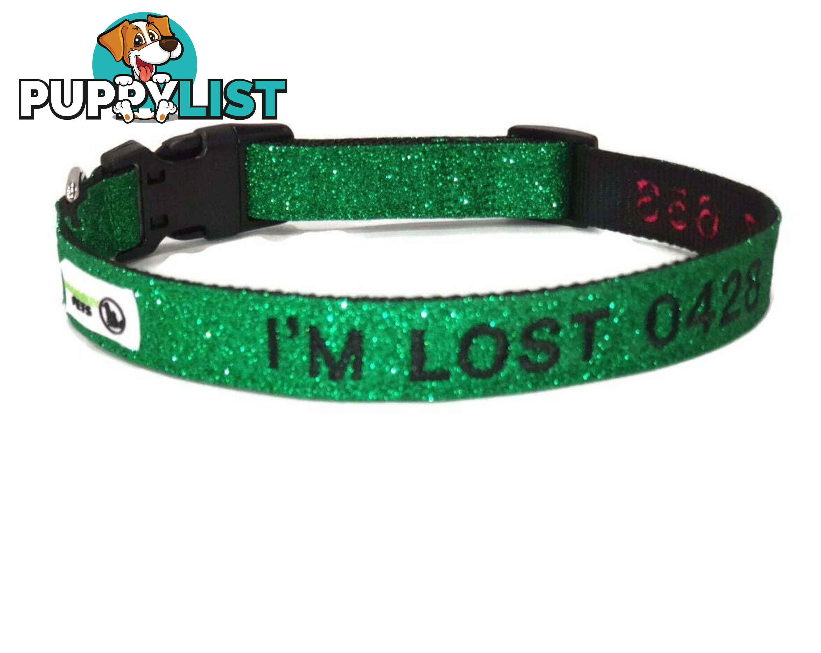 Doggie ID Collar - Bling Glitter Overlay Nylon Collar, Embroidered Personised Custom. - GC-DIC-BLING-M-GRN