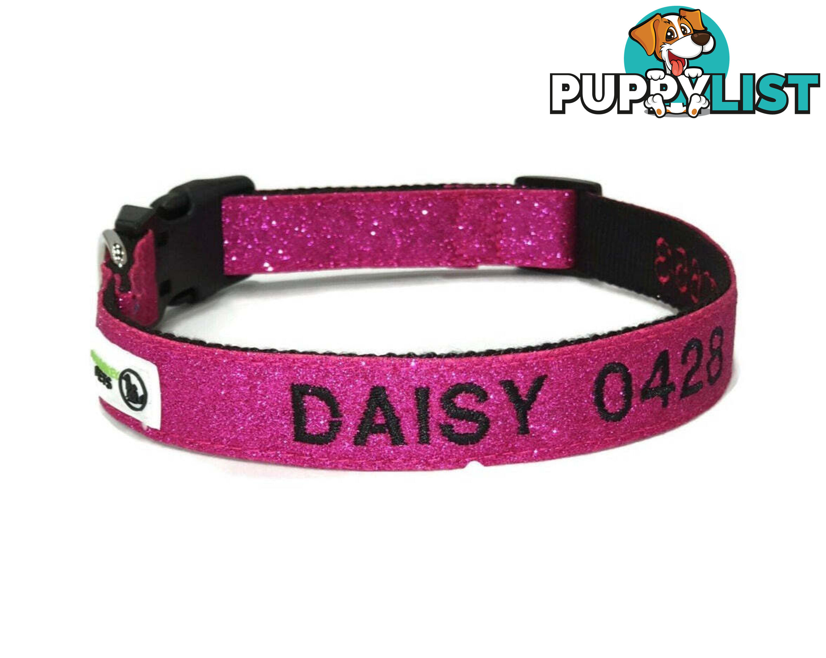 Doggie ID Collar - Bling Glitter Overlay Nylon Collar, Embroidered Personised Custom. - GC-DIC-BLING-M-GRN