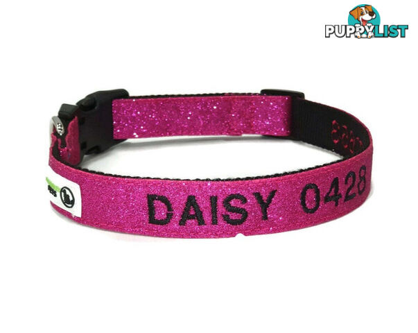 Doggie ID Collar - Bling Glitter Overlay Nylon Collar, Embroidered Personised Custom. - GC-DIC-BLING-M-GRN