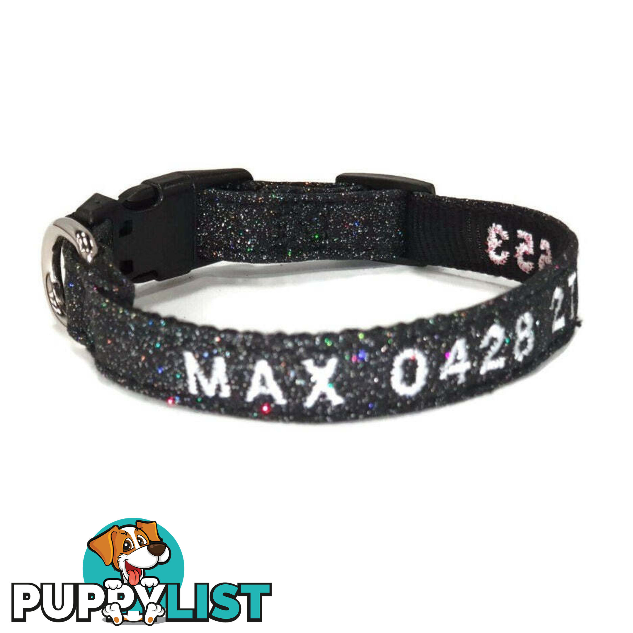 Doggie ID Collar - Bling Glitter Overlay Nylon Collar, Embroidered Personised Custom. - GC-DIC-BLING-M-GRN