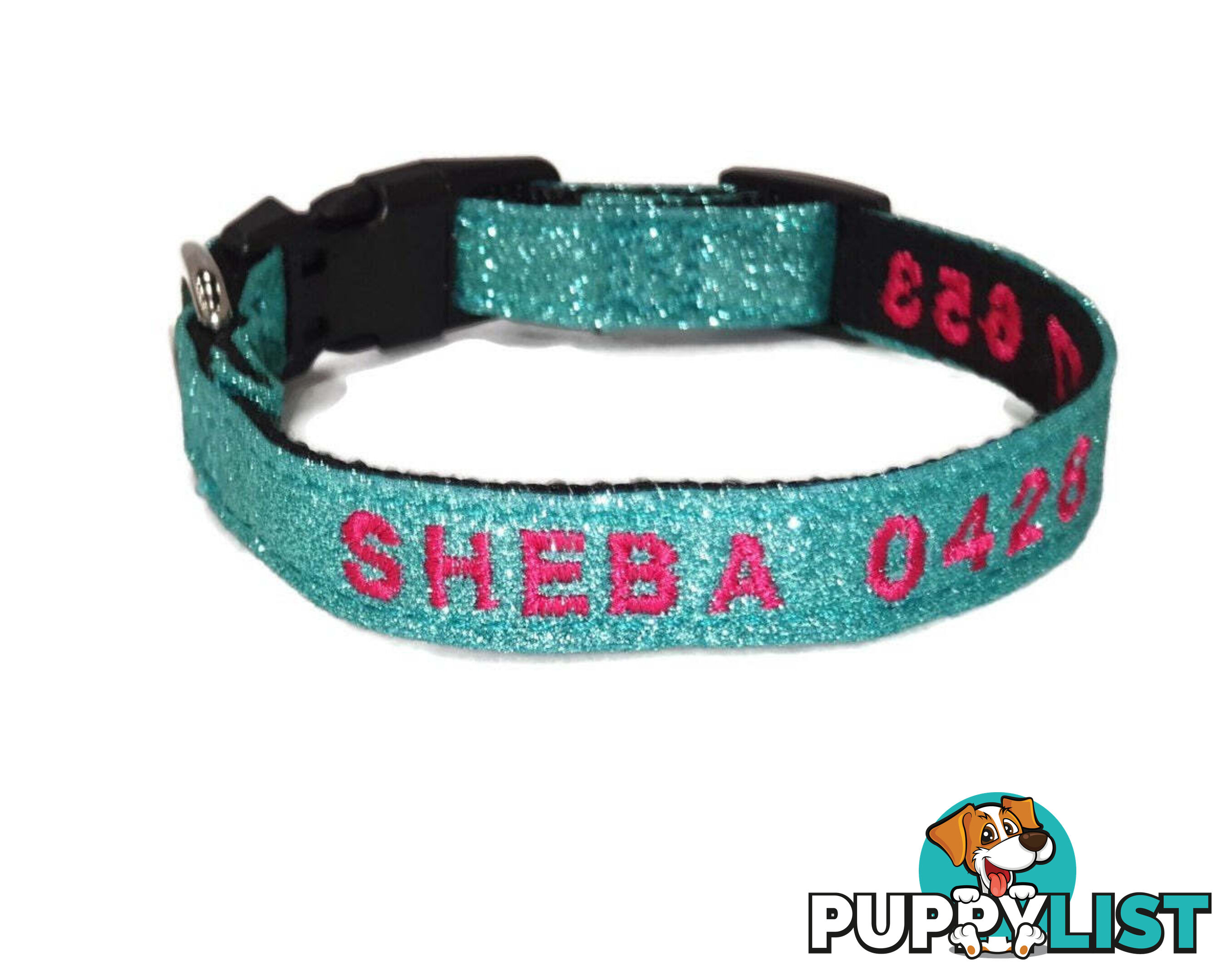 Doggie ID Collar - Bling Glitter Overlay Nylon Collar, Embroidered Personised Custom. - GC-DIC-BLING-M-GRN